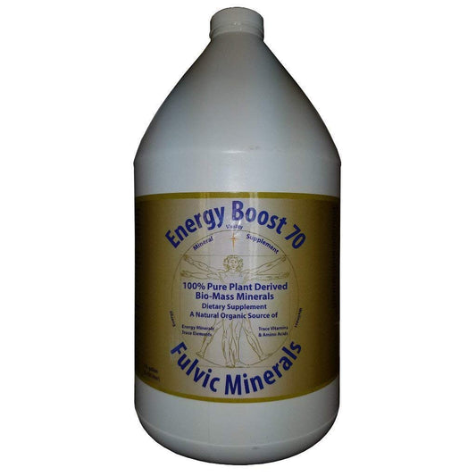 1 gallon bottle of Energy Boost 70 Fulvic Minerals featuring trace elements, vitamins, and amino acids