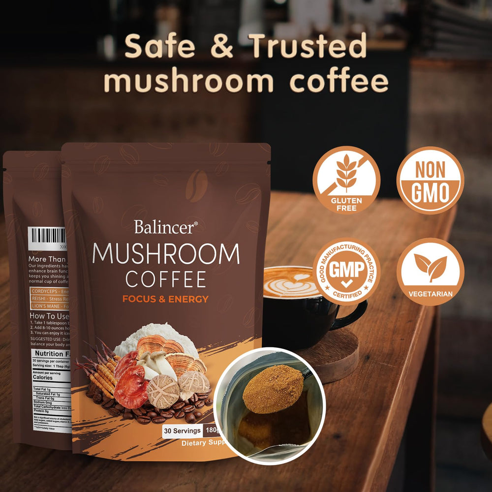 Graphic showing energy and focus benefits of mushroom coffee