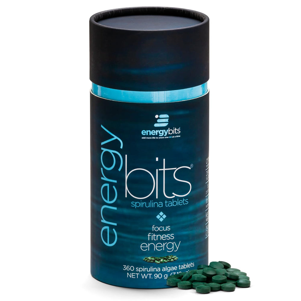 Bottle label of ENERGYBITS spirulina tablets
