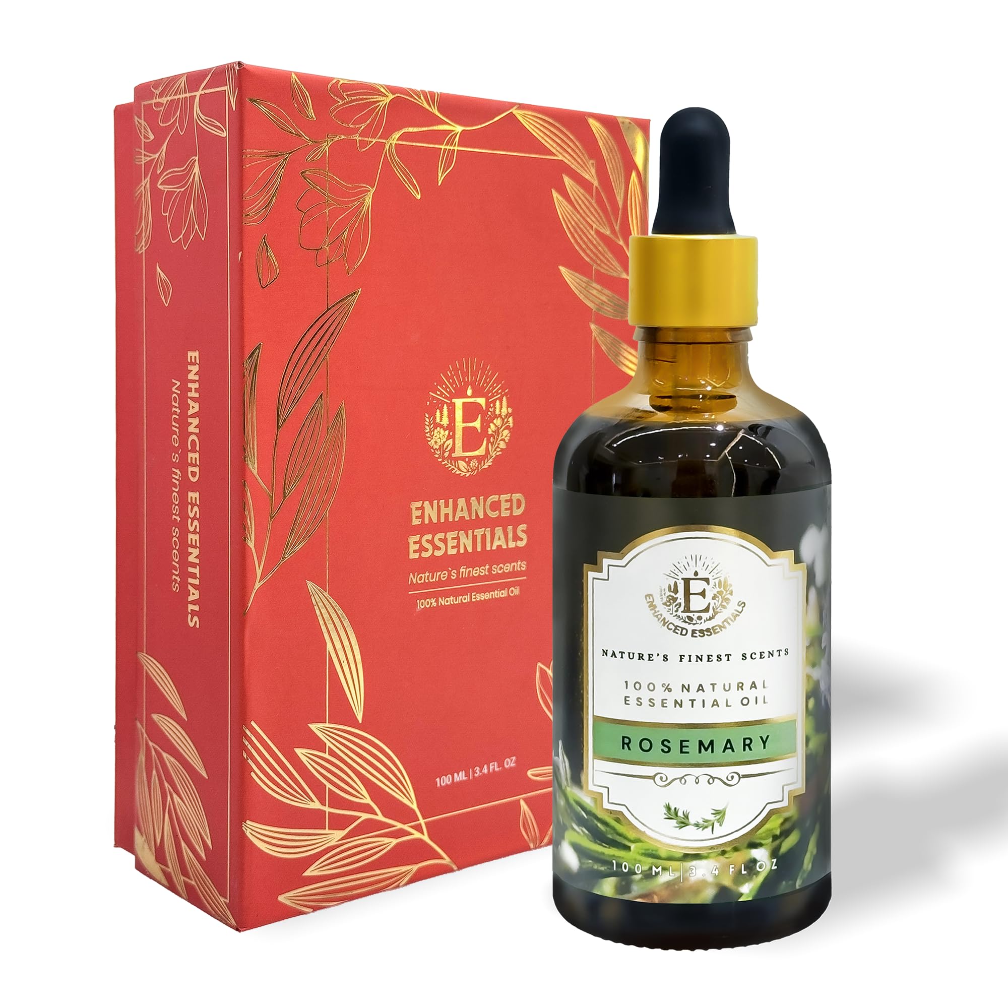 Enhanced Essentials rosemary essential oil bottle in amber glass preserves purity for skincare and aromatherapy.