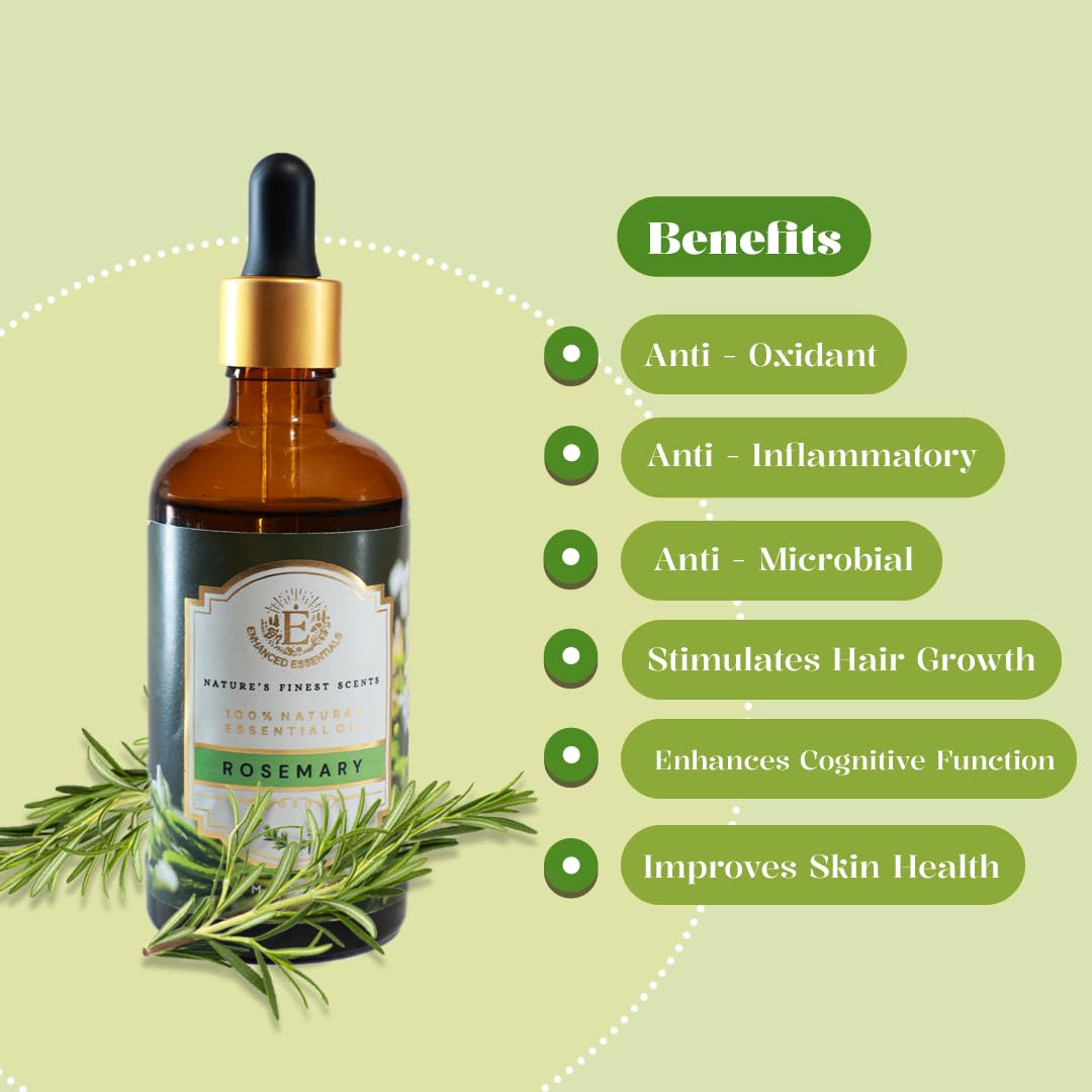 Enhanced Essentials rosemary oil drops highlight easy measuring for precise dilutions in routines.