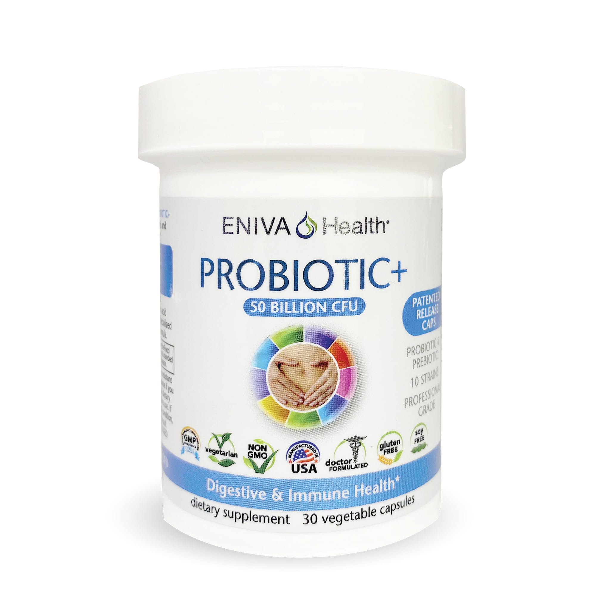 Bottle of Eniva Health Probiotic with Prebiotic showing 50B CFU and 10 strains
