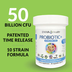 Close-up of Eniva Probiotic bottle label highlighting 50 Billion CFU