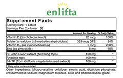 Enlifta bottle beside ingredient highlights including 5-HTP and St. John’s Wort