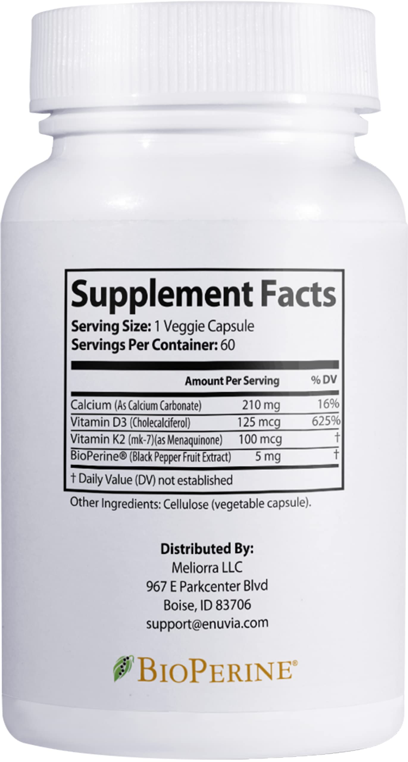 Enuvia D3+K2 bottle back view showing nutrition facts