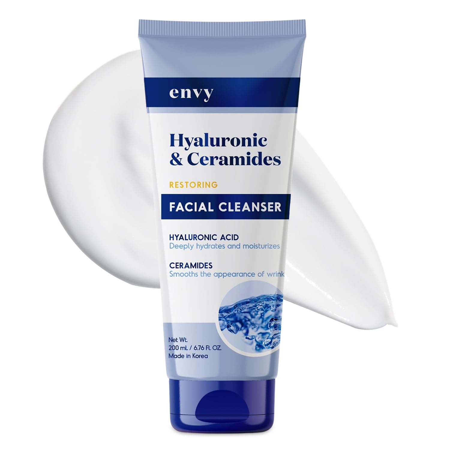 Envy facial cleanser bottle showing hyaluronic acid and ceramides for daily hydrating cleansing.