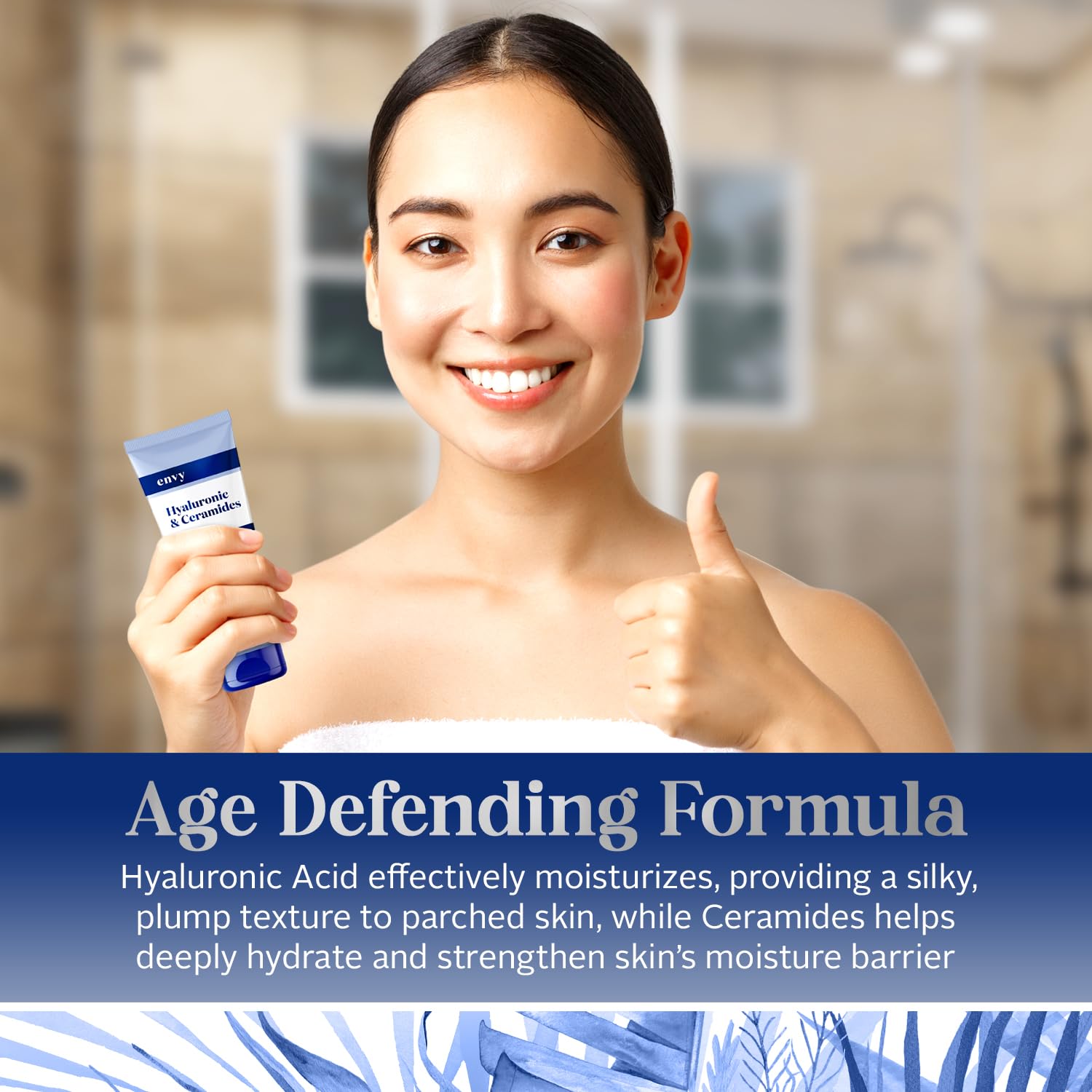 Hydration in action: Envy cleanser applying hyaluronic acid and ceramides on skin.