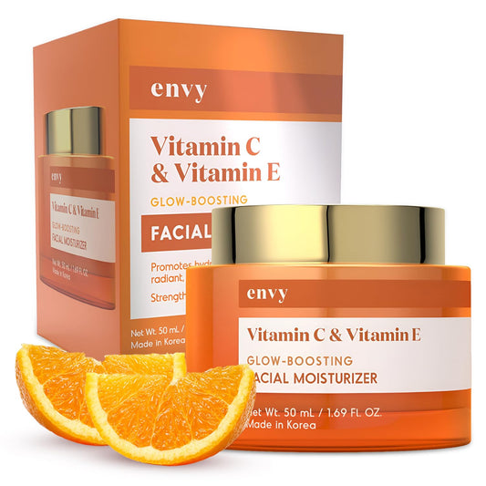 Envy Vitamin C & E moisturizer jar highlights premium packaging and daily hydration benefits.