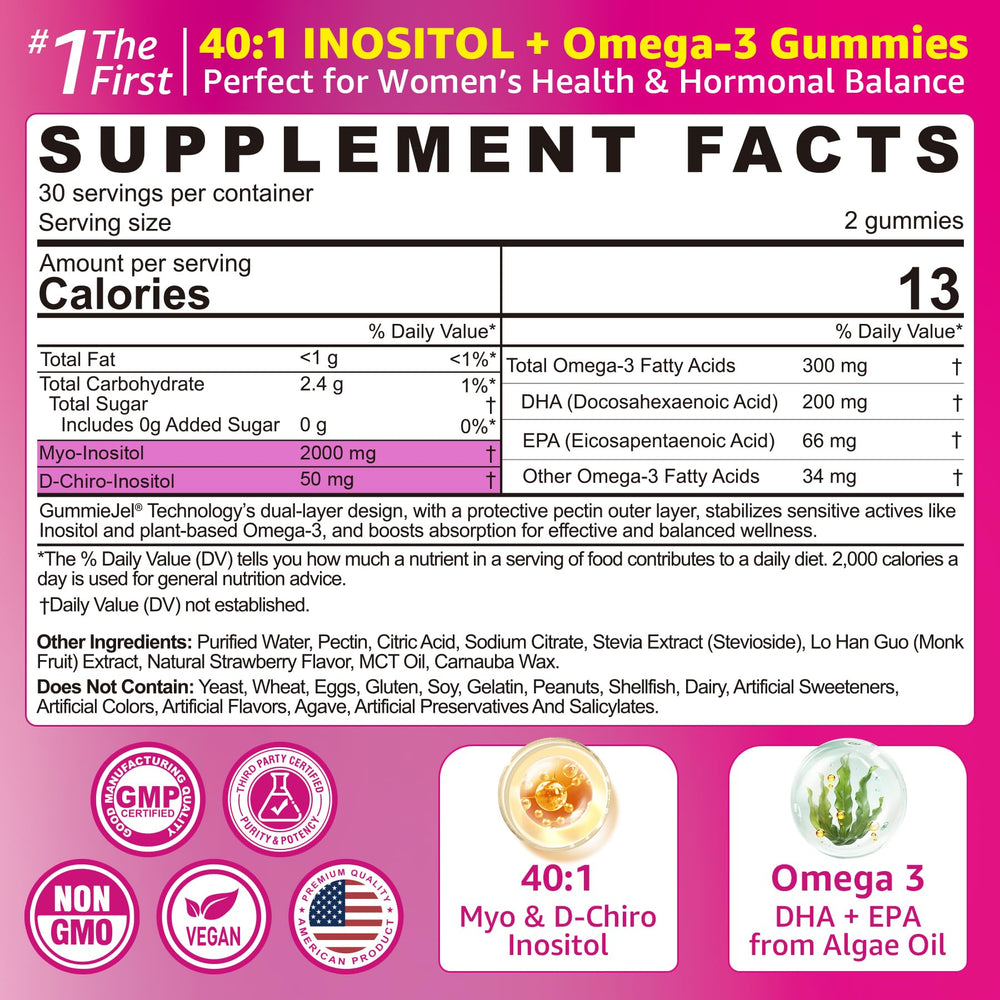 Label showing Myo-Inositol 2000 mg and D-Chiro-Inositol 50 mg ratio 40:1