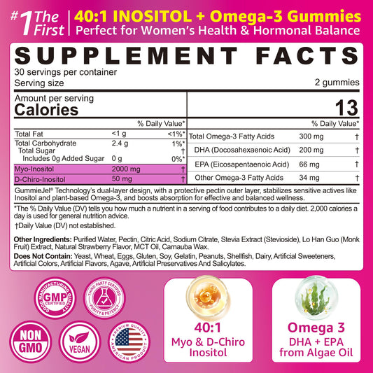Label showing Myo-Inositol 2000 mg and D-Chiro-Inositol 50 mg ratio 40:1