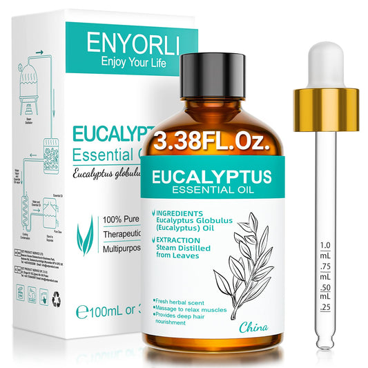 Bottle of ENYORLI Eucalyptus Essential Oil in an amber glass bottle with dropper