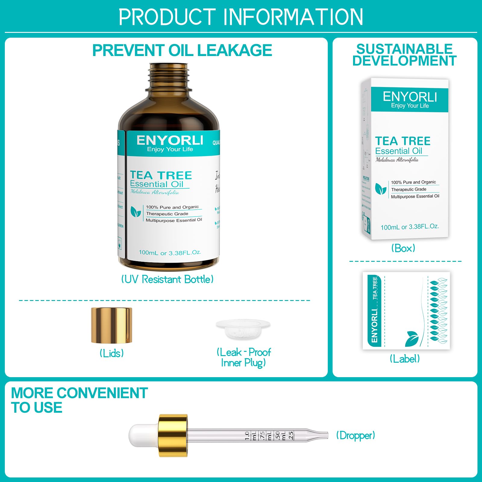 Packaging and presentation of ENYORLI Tea Tree Oil