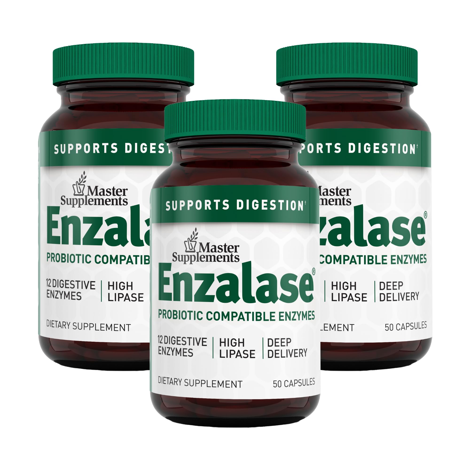 Enzalase digestive enzyme supplement bottle with 50 capsules in a 3-pack