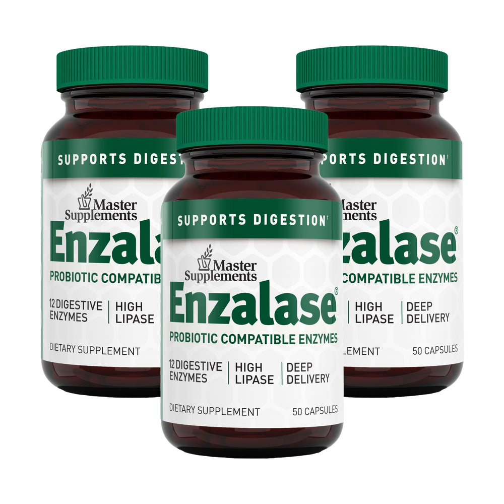 Enzalase digestive enzyme supplement bottle with 50 capsules in a 3-pack