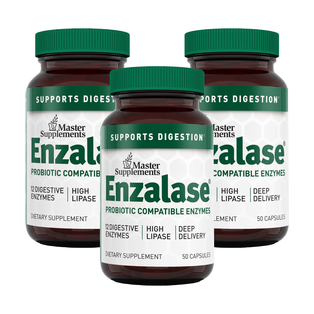 Enzalase digestive enzyme supplement bottle with 50 capsules in a 3-pack