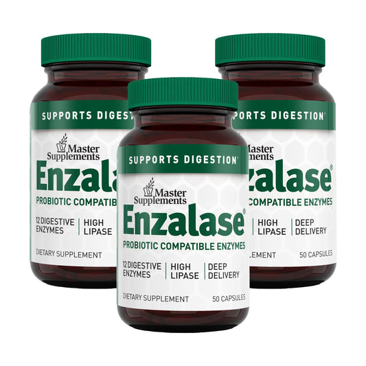Enzalase digestive enzyme supplement bottle with 50 capsules in a 3-pack