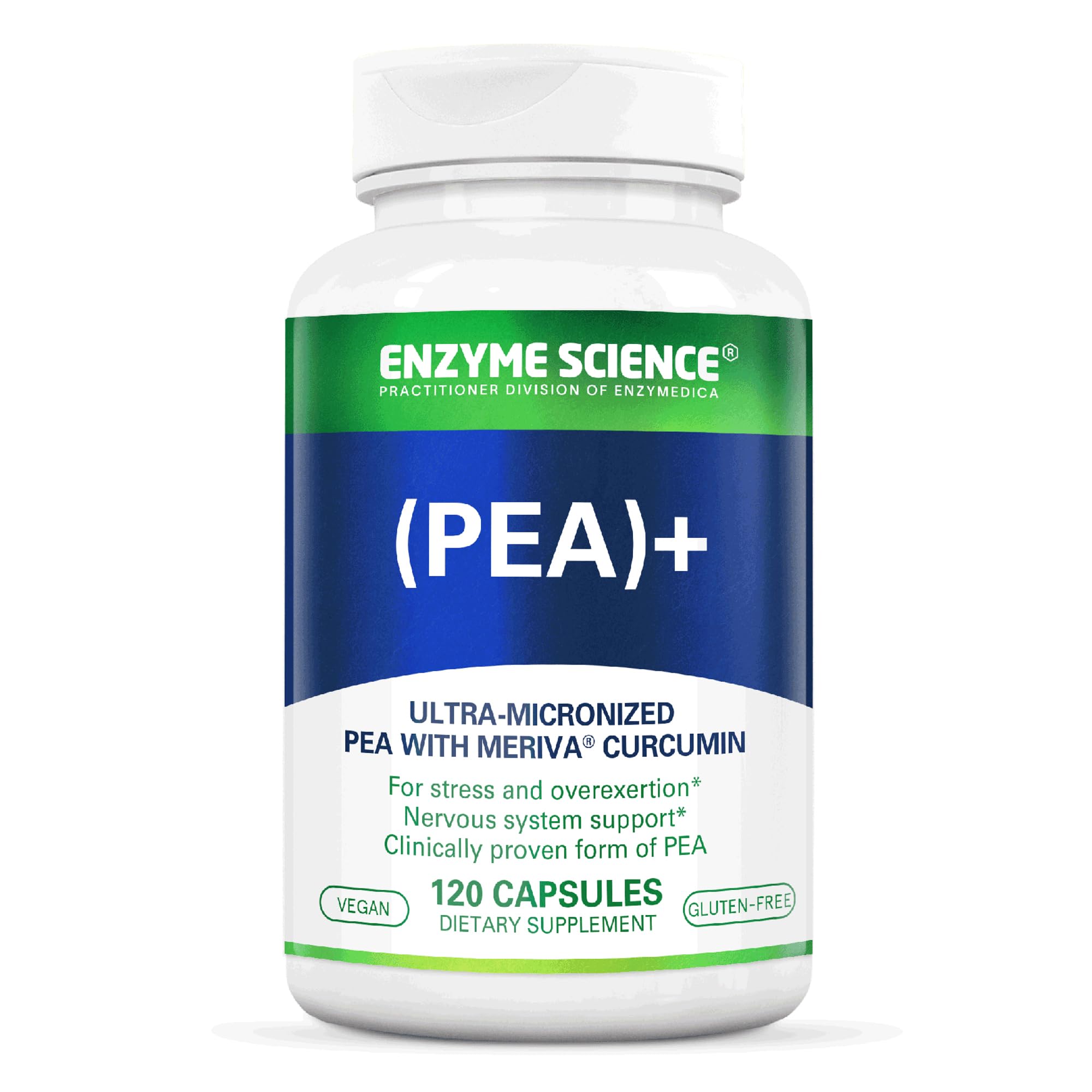 Bottle and label of Enzyme Science PEA+ Pea + Turmeric Curcumin Supplement, 120 capsules