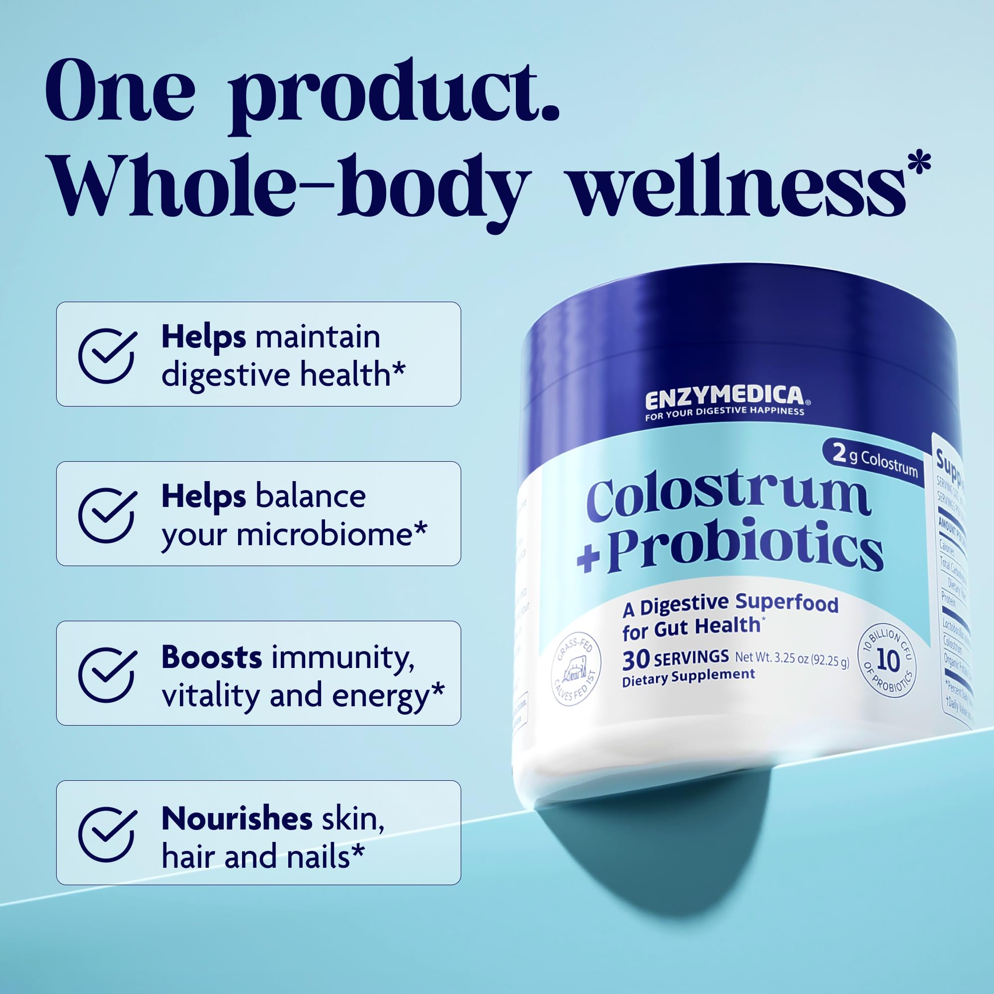 Label highlighting grass-fed bovine colostrum and probiotics