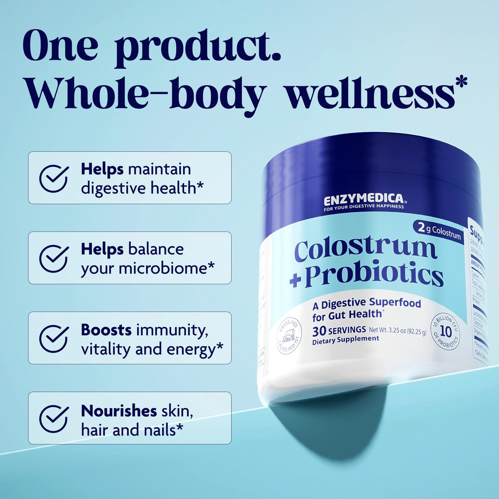 Label highlighting grass-fed bovine colostrum and probiotics