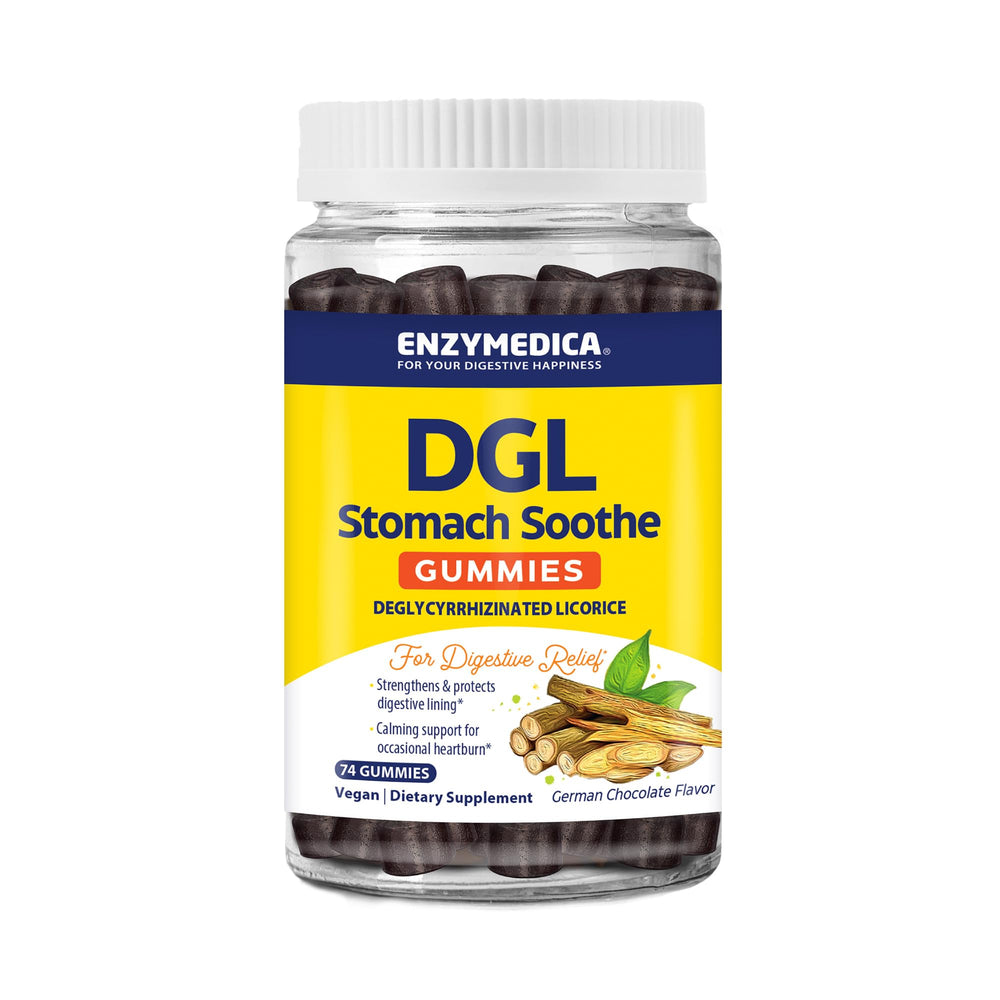 Front label of Enzymedica DGL Stomach Soothe Gummies chocolate flavor 74 count