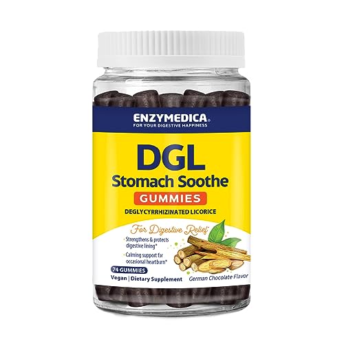 Close-up of bottle and chocolate gummies for Enzymedica DGL Stomach Soothe