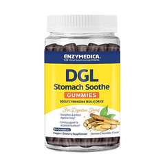 Close-up of bottle and chocolate gummies for Enzymedica DGL Stomach Soothe