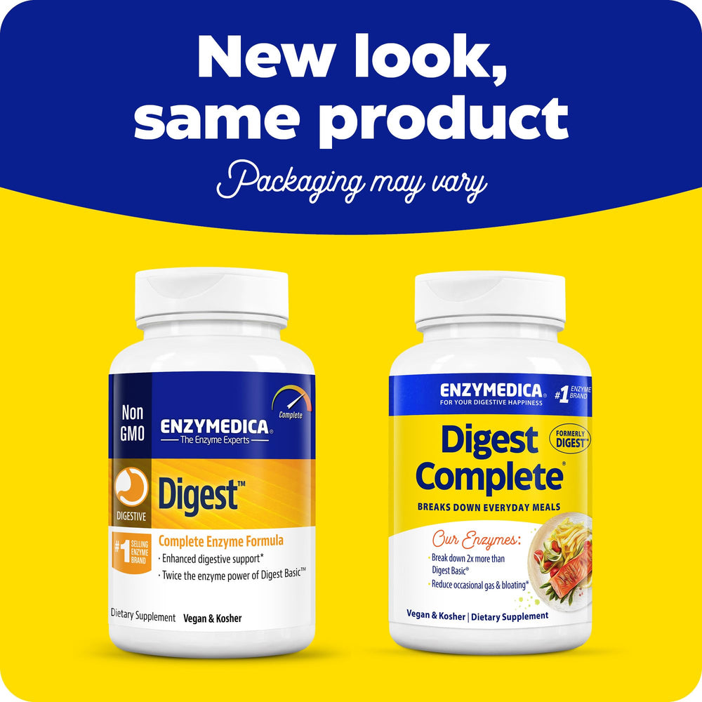 Digest Complete capsules closeup showing the enzyme blend for meals.