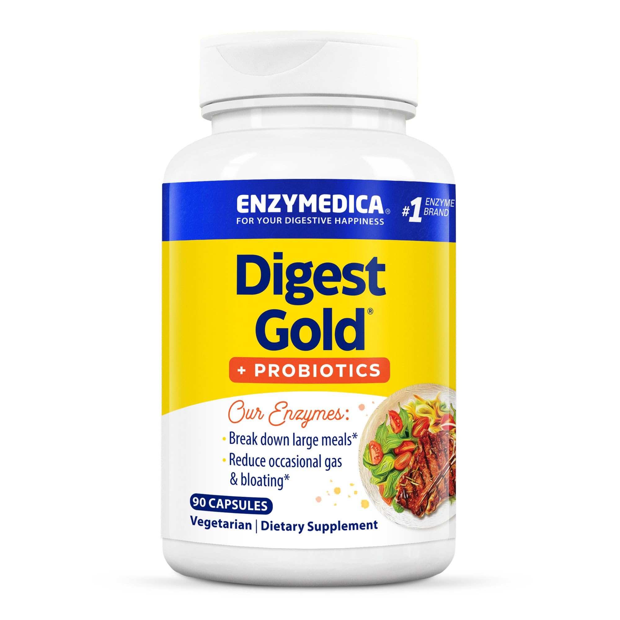 Enzymedica Digest Gold bottle front view for convenient digestive support after meals.