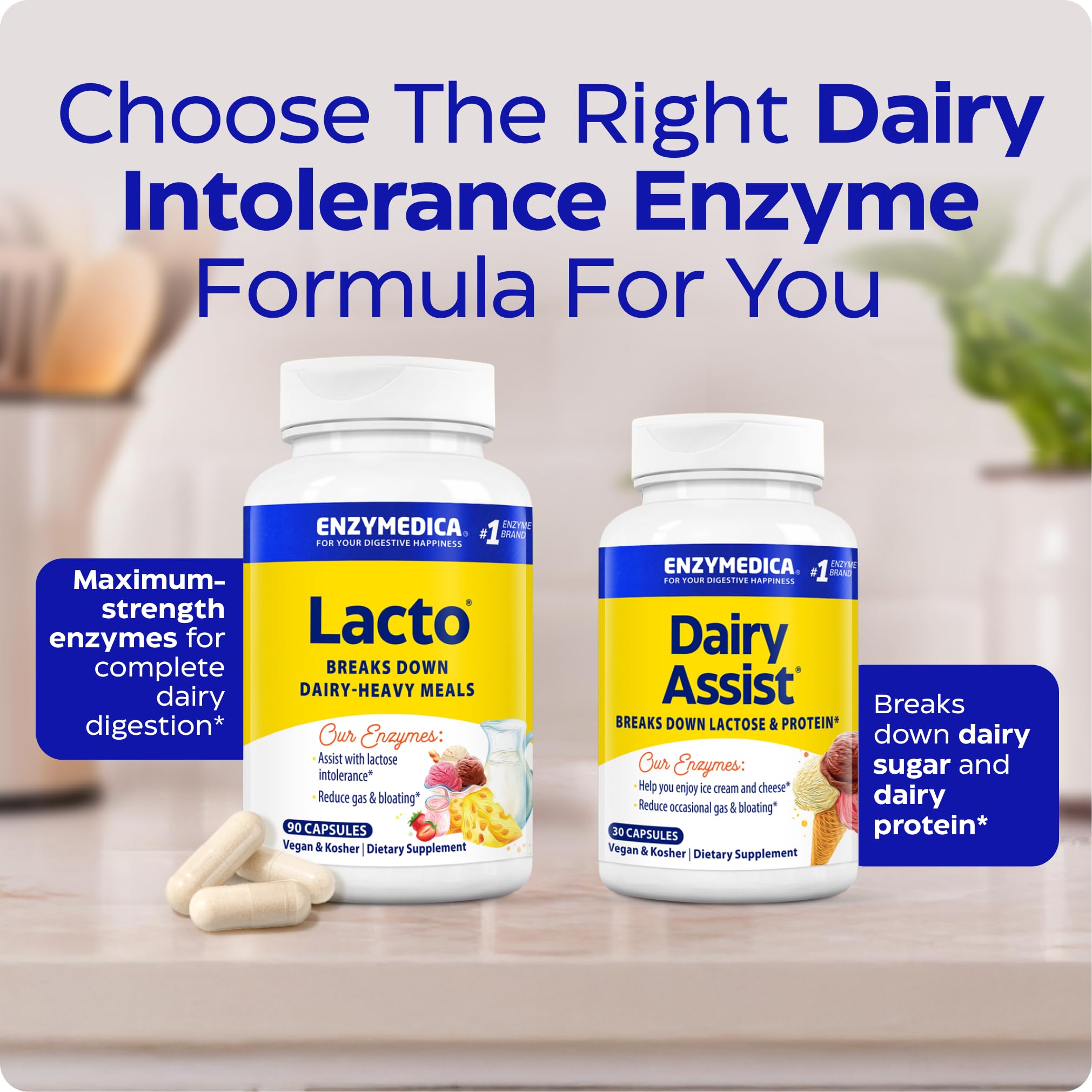 Enzymedica Lacto 180-count bottle on a kitchen counter.