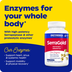 Enzymedica SerraGold capsules closeup highlighting high-potency serrapeptase for systemic support.