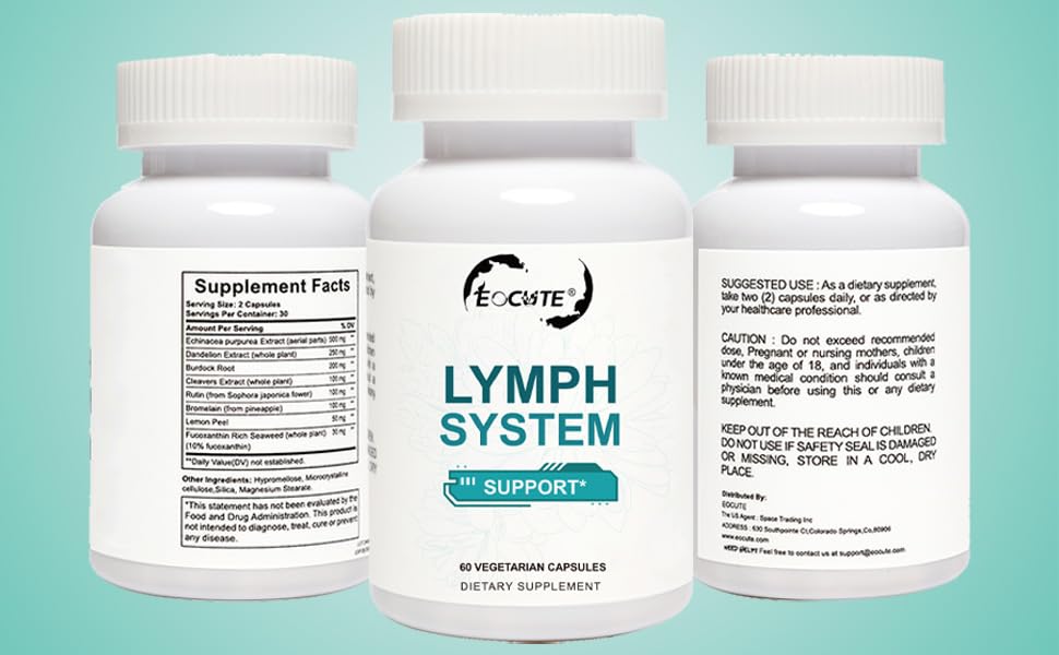 Close-up of EOCUTE Lymph System bottle label showing 120 count