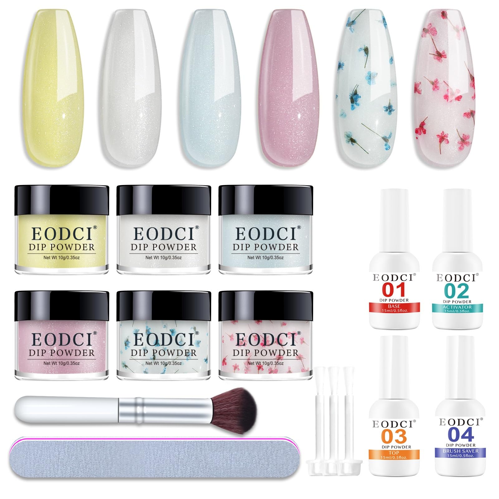 Eodci dip powder kit in six colors for long-lasting nails at home.