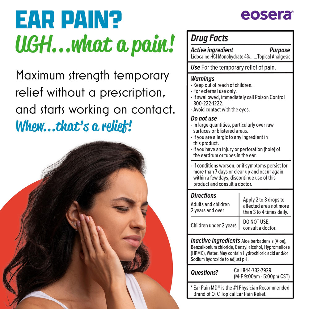 Ear Pain MD 3-step usage close-up emphasizes tilt, drops, and wait time