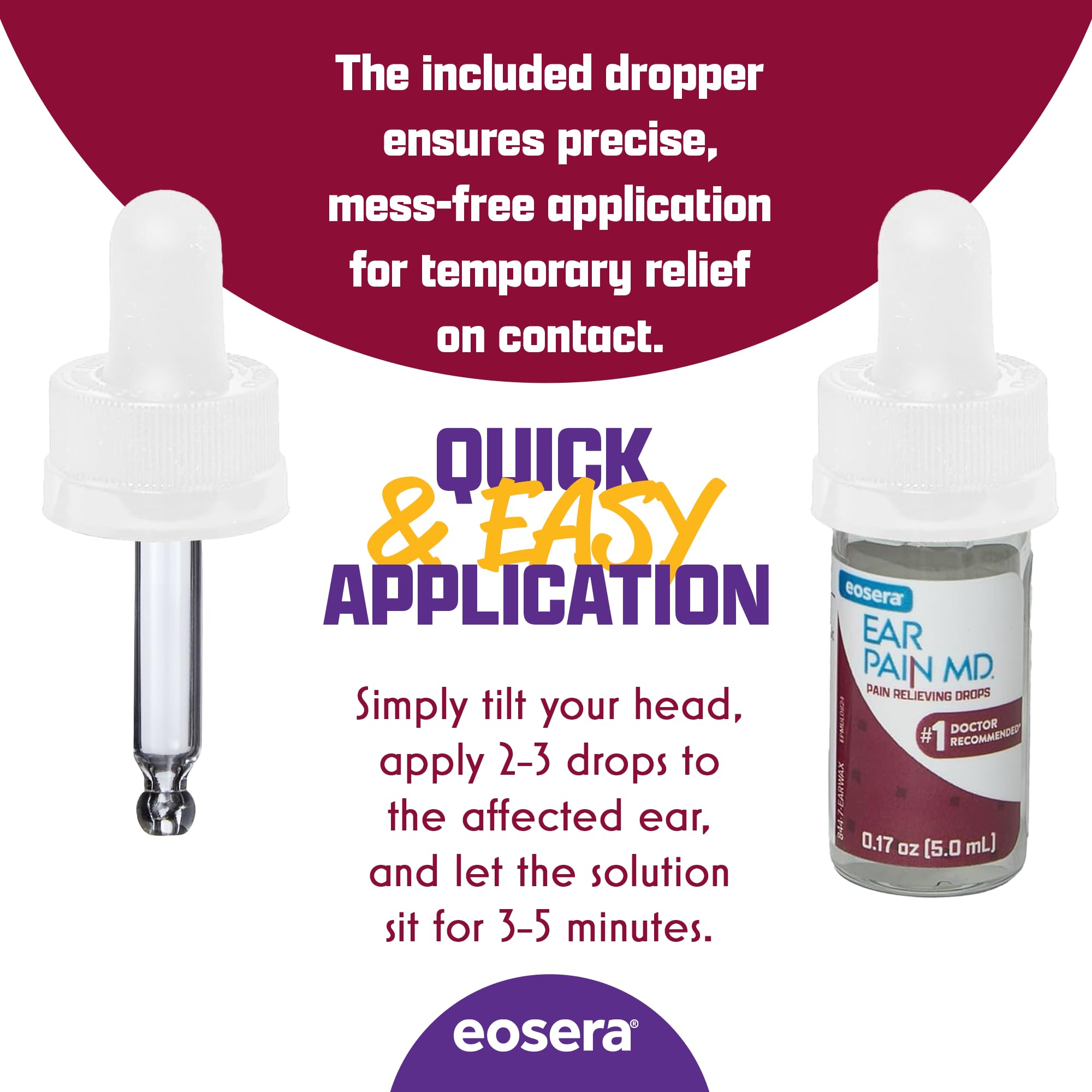Eosera Ear Pain MD box demonstrates simple 3-step ear care for at-home relief