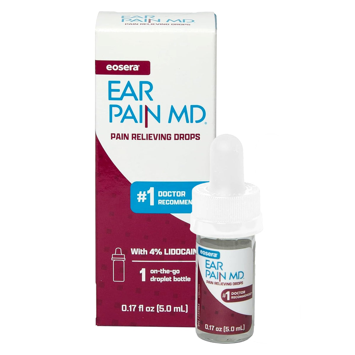 Eosera Ear Pain MD bottle closeup showing label and quick ear pain relief potential