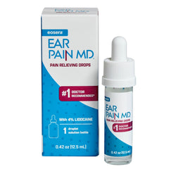 Ear Pain MD bottle close-up highlights lidocaine ear drops for quick relief