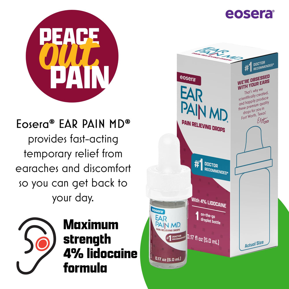 Eosera Ear Pain MD dropper in use for safe, fast numbing for adults and kids