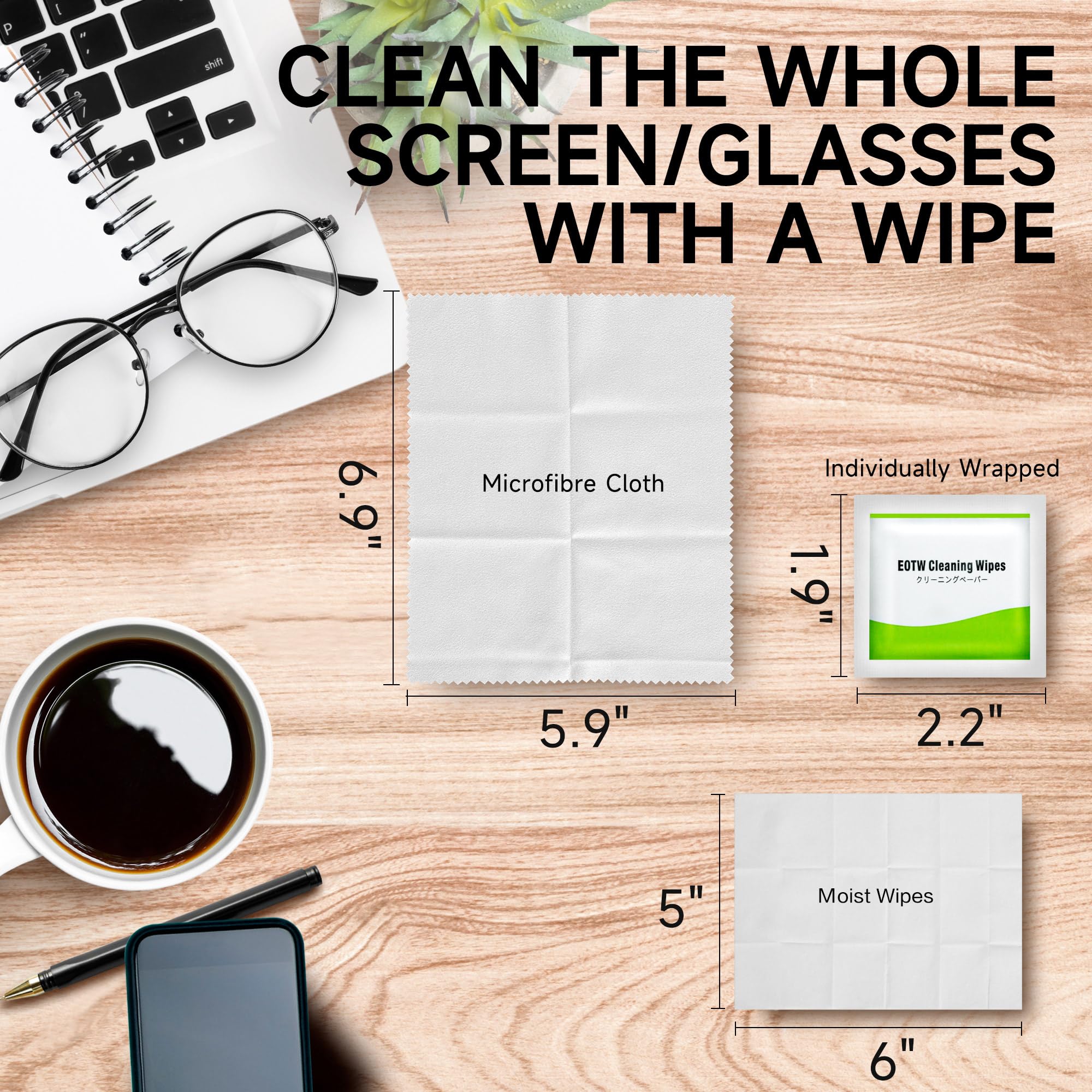 Front packaging of EOTW screen wipes pack with 120 wipes and microfiber cloth