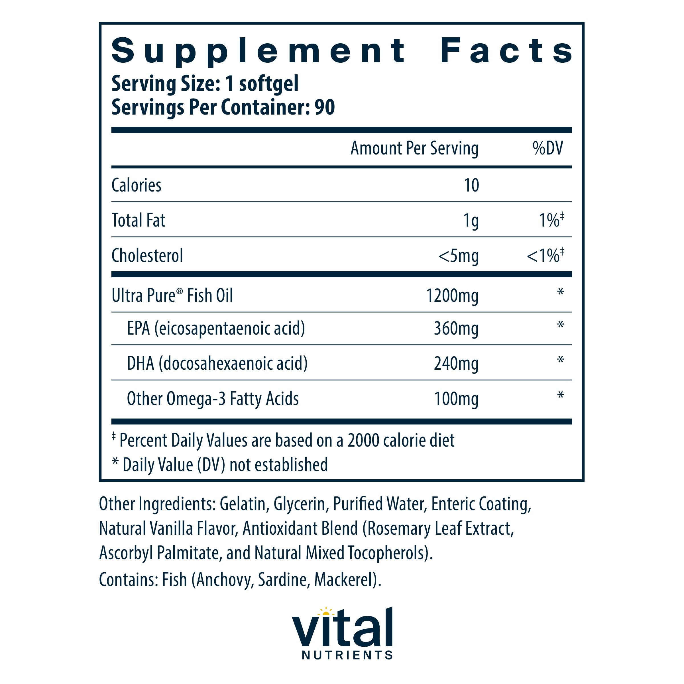 Label showing 360 mg EPA and 240 mg DHA per softgel