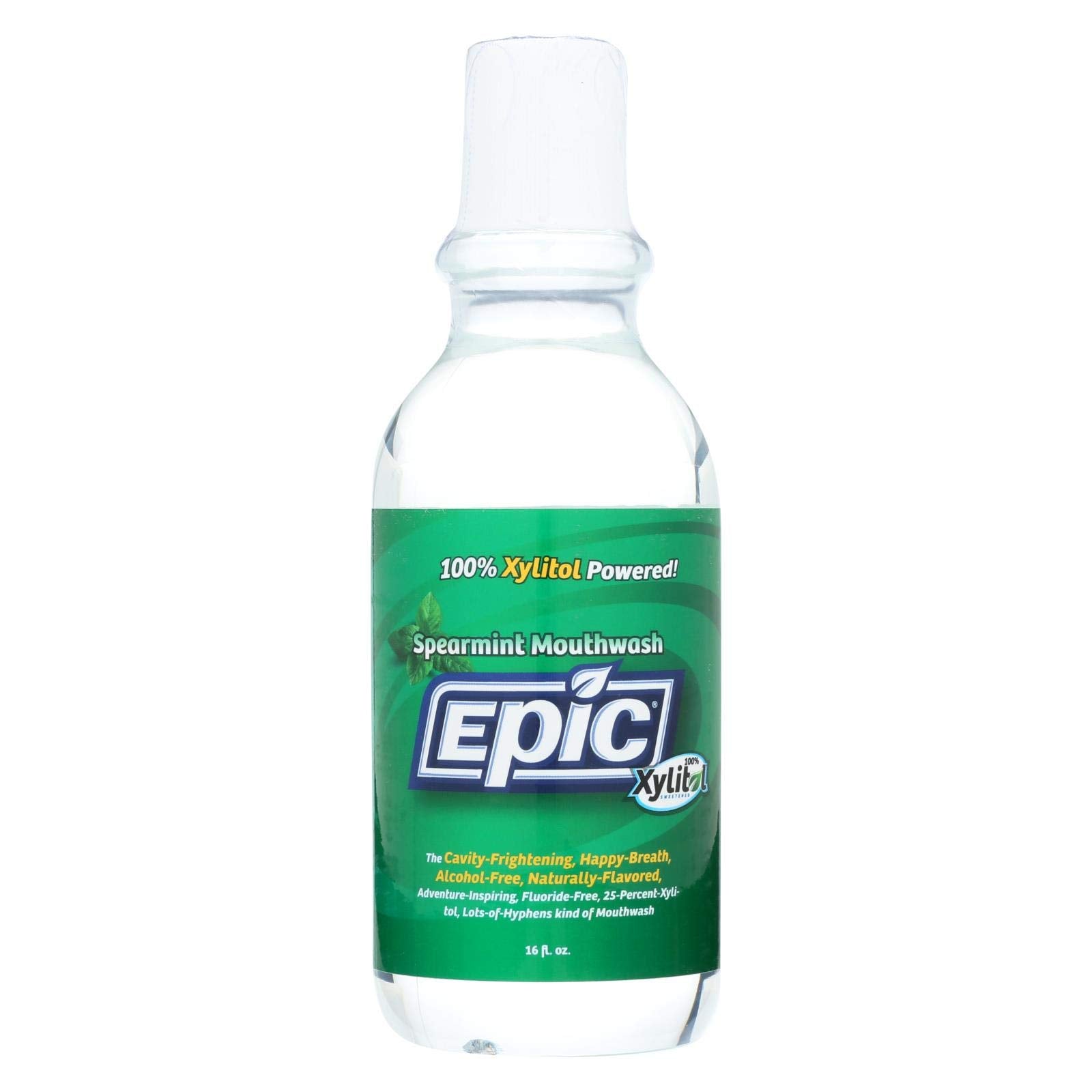 Front view of Epic Dental Mouthwash Xylitol Spearmint 16oz bottle