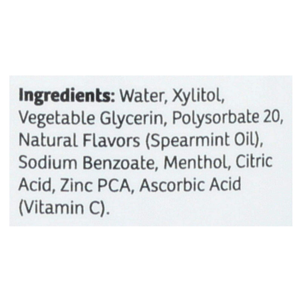 Close-up of Epic Dental Mouthwash Xylitol Spearmint 16oz bottle label