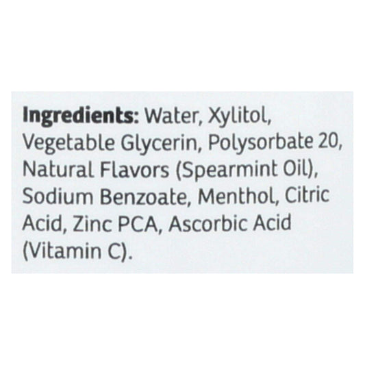 Close-up of Epic Dental Mouthwash Xylitol Spearmint 16oz bottle label