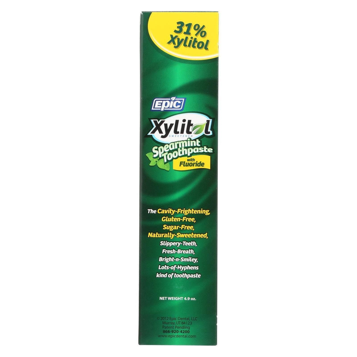 Epic Dental Spearmint Toothpaste 4.9 oz tube, fluoride and xylitol, USA-made