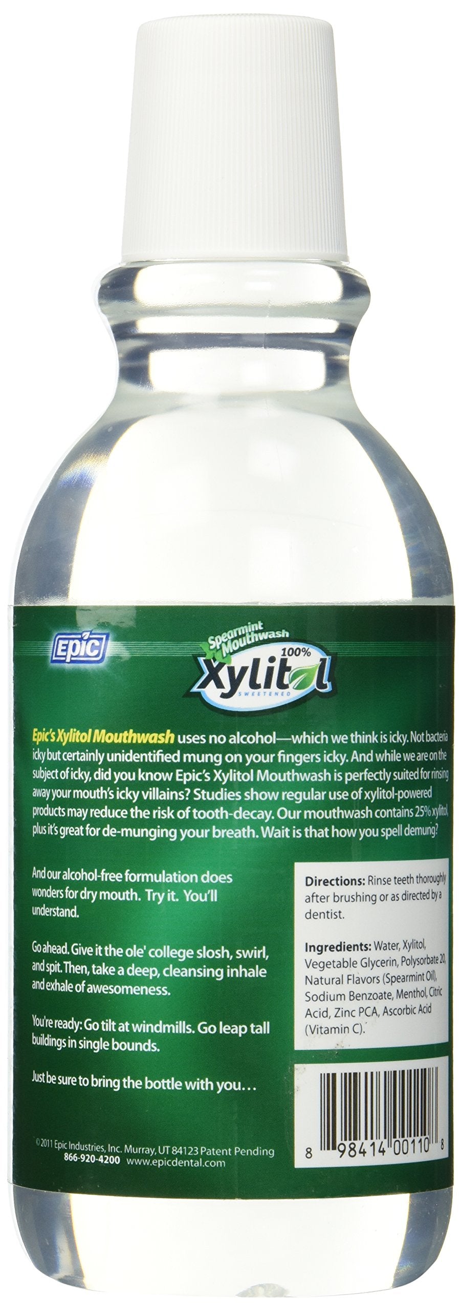Epic Xylitol Spearmint Mouthwash 16 oz back label with ingredients