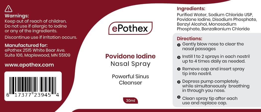 EPOTHEX 1percent povidone iodine label highlights USP-grade purity and pharmacist-developed formula.