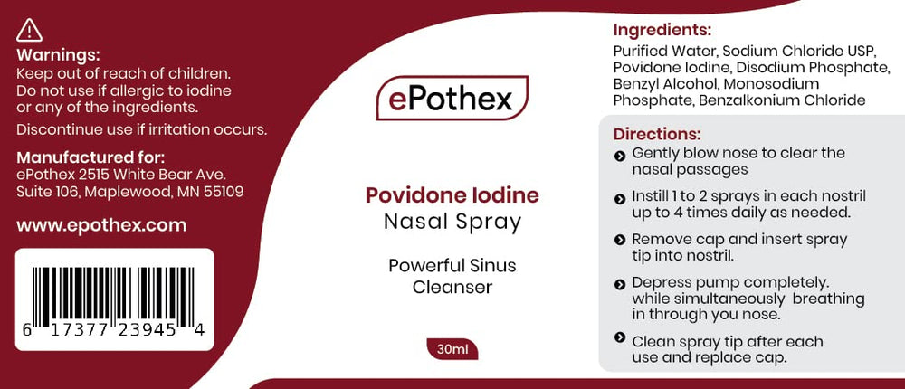 EPOTHEX 1percent povidone iodine label highlights USP-grade purity and pharmacist-developed formula.