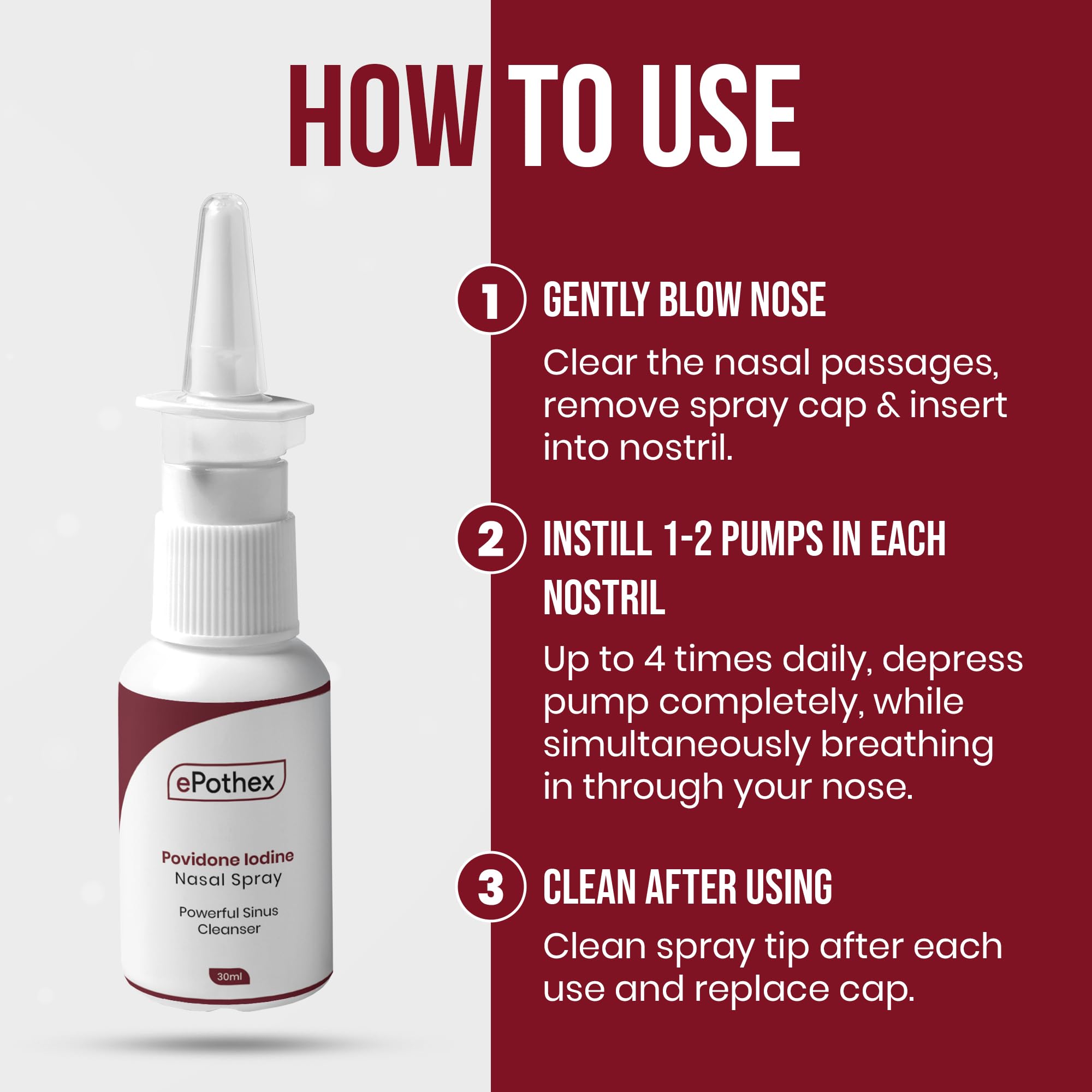 EPOTHEX nasal spray usage demonstrates easy 1–2 sprays per nostril for quick cleansing.