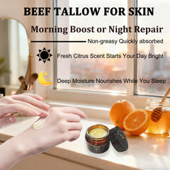 Eqimznv Beef Tallow Balm applied to the face for gentle hydration.