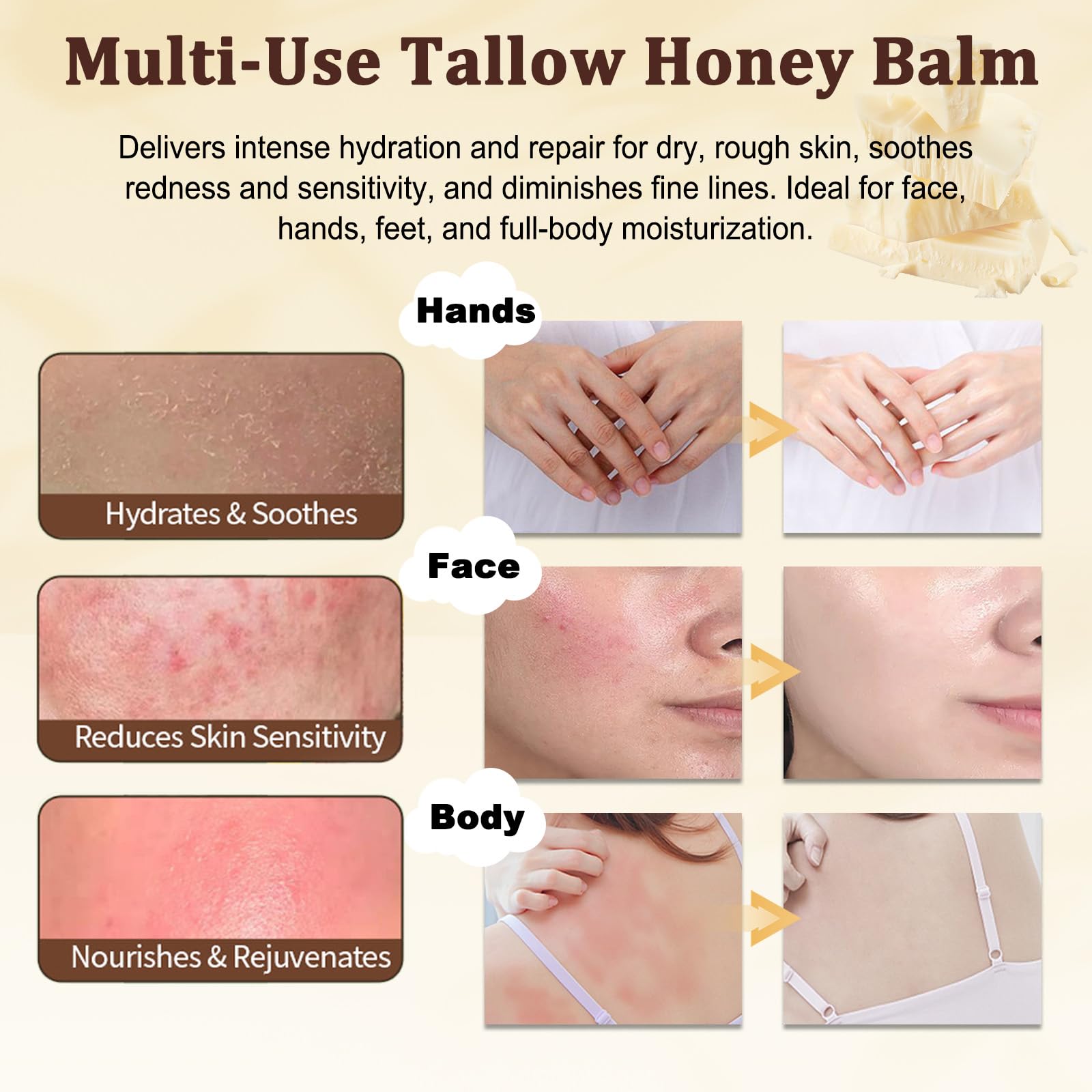 Eqimznv Beef Tallow Balm used on hands and elbows for dry skin relief.