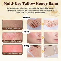 Eqimznv Beef Tallow Balm used on hands and elbows for dry skin relief.